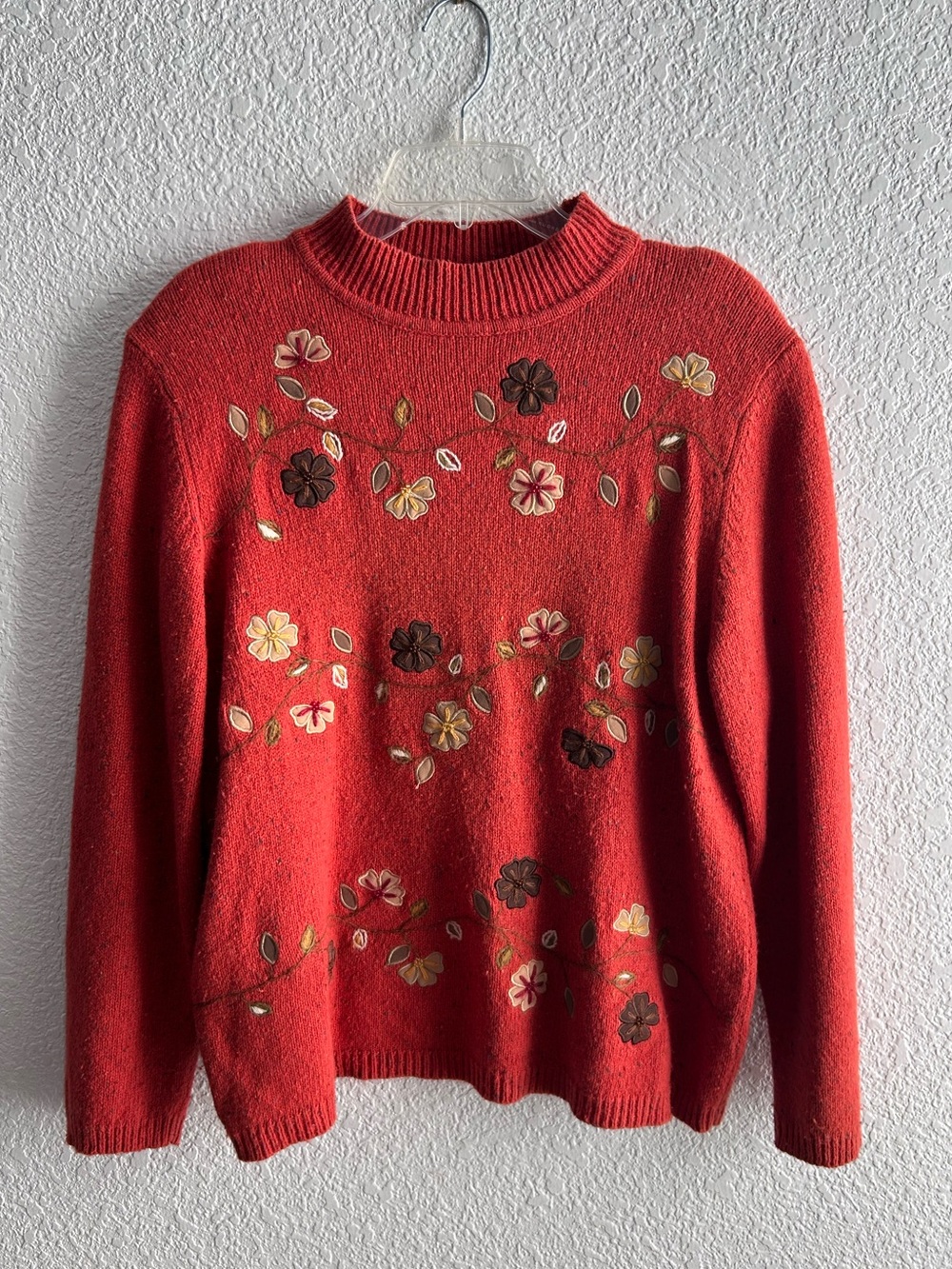 Alfred Dunner Burnt Orange Autumn Floral Embroidered Ramie Wool Blend Sweater L